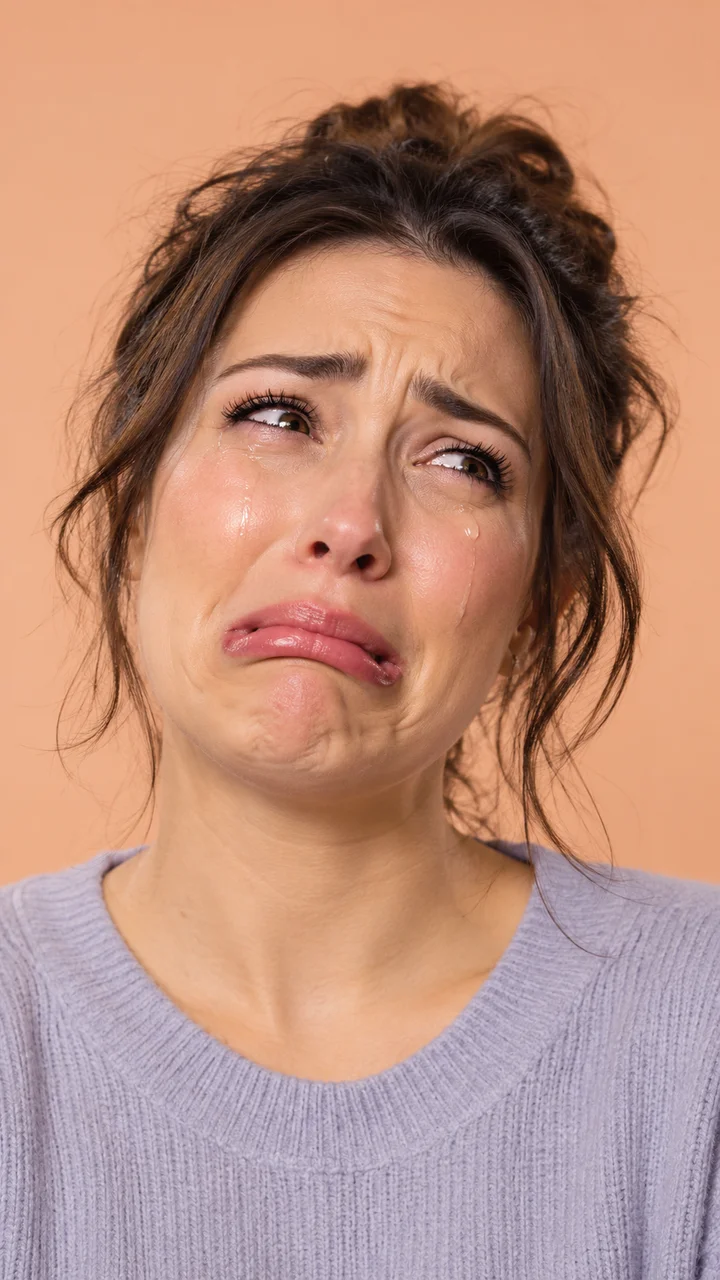 An exaggerated, playful crying reaction with expressive comic timing.