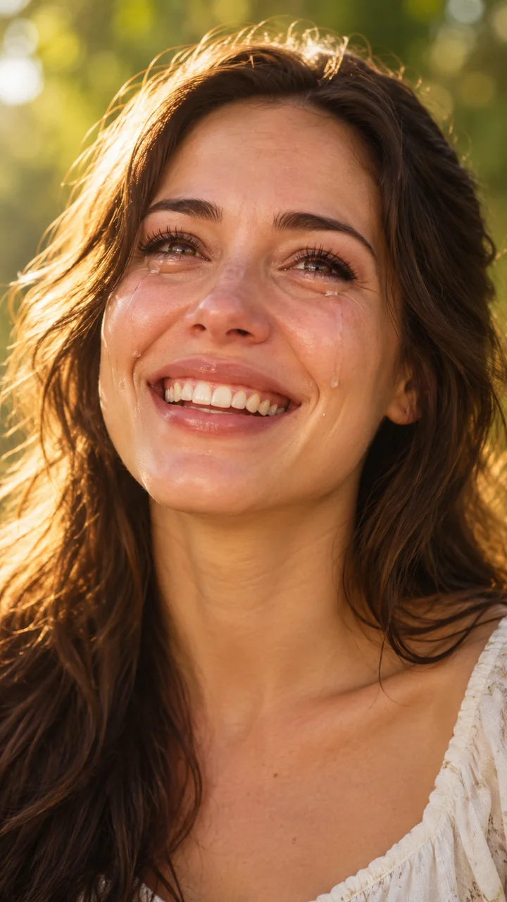 A warm, joyful smile with emotional tears and gentle laughter.