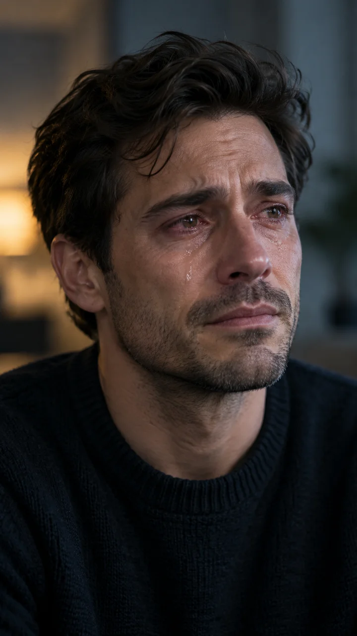 A quiet, cinematic portrait with restrained sadness and falling tears.