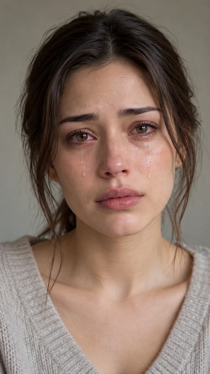 Watery eyes and natural tears, with a subtle, recognizable expression.