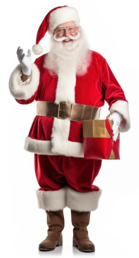 Original full-body photo of Santa in a red suit holding a gift bag
